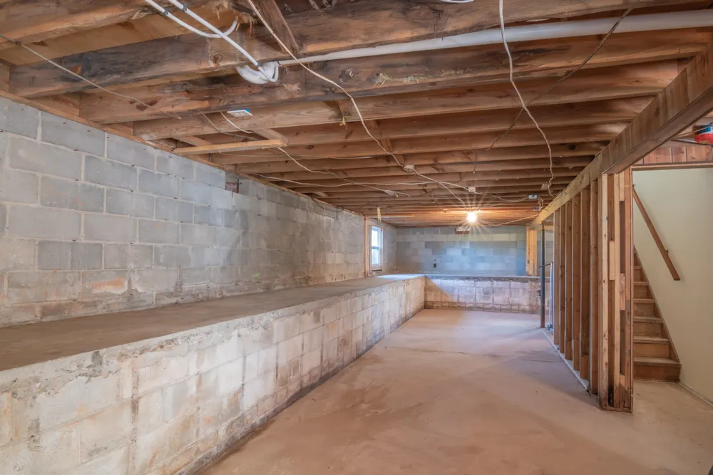 Unfinished basement with concrete block walls, exposed floor joists and wiring