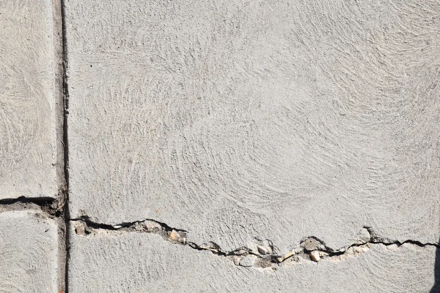Jagged crack running across a concrete slab next to a control joint
